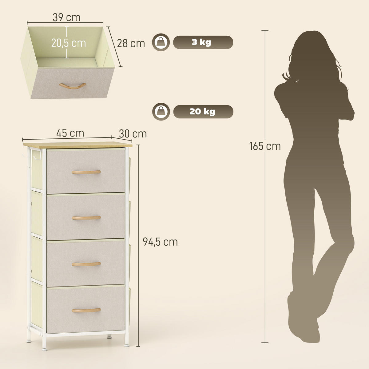 KOMMODE DE-12483 4 Schubladen mit Seitentaschen und Haken 45/30/94,5 cm Beige - Beige, Metall (45/94.5/30cm) - ComfortXL