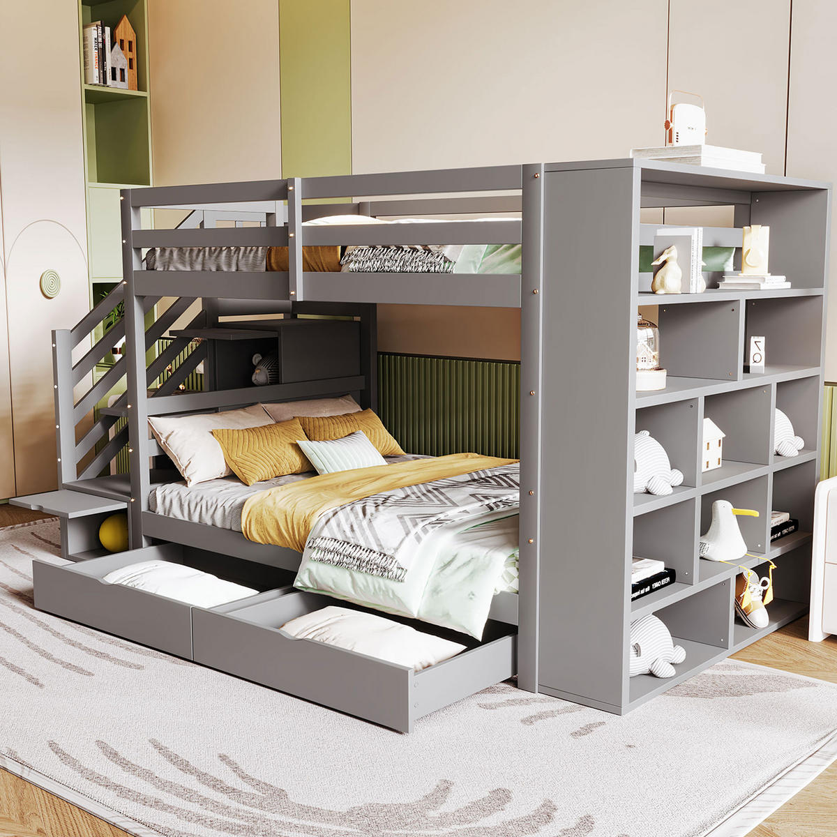 ETAGENBETT 90/200 cm Grau mit Sicherheitstreppe und Stauraum - Grau, Holz (90/200cm) - OKWISH