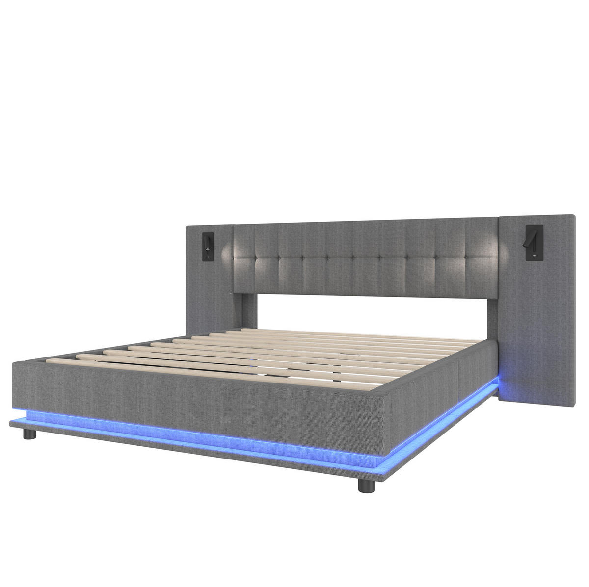 POLSTERBETT aus Leinen und MDF 180x200 cm Grau mit LED-Leiste, Lesespot und USB-Anschluss - Grau, Textil (180/200cm) - IVMEU
