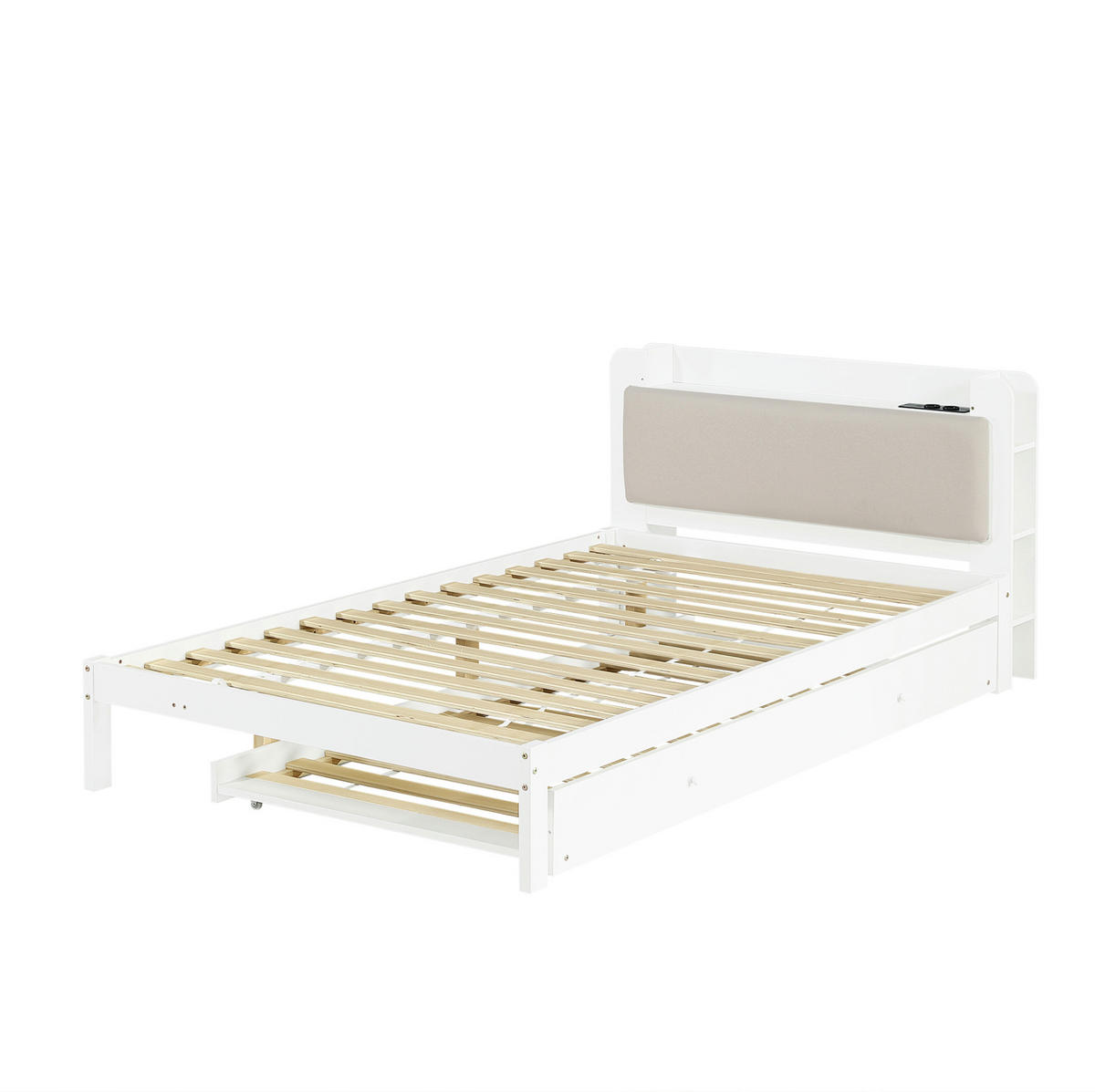 FUNKTIONSBETT aus Kiefer und MDF 120x200 cm Weiß mit Ausziehbett 90x190 cm und Ladestation - Weiß, Holz (120/200cm) - IVMEU