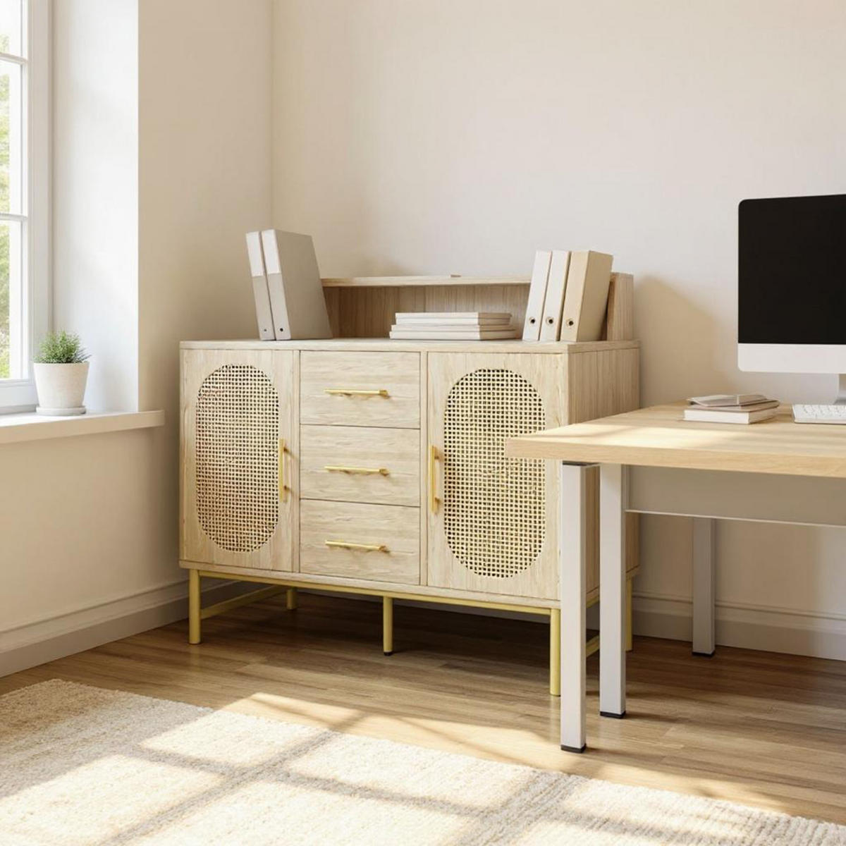 SIDEBOARD mit Rattan-Türen, 100x40x60 cm - Eiche San Remo, Holzwerkstoff/Metall (120/74/40cm) - Urban Meuble