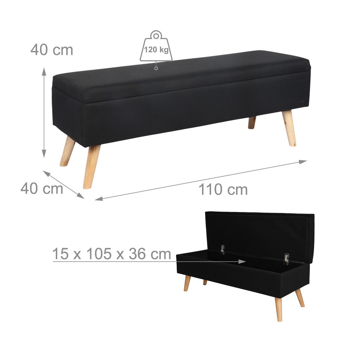 SITZBANK - Schwarz, Holz/Holzwerkstoff (110/40/40cm) - Relaxdays