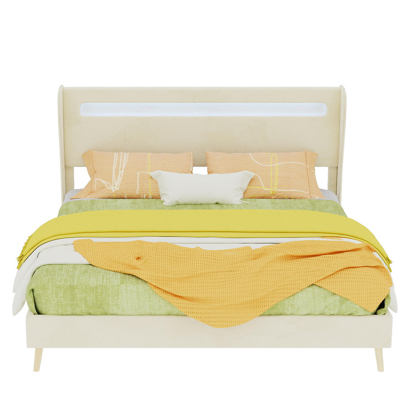 POLSTERBETT 160/200 cm beige aus Stoff und Metall mit LED und verstellbarer Rückenlehne - Beige, Textil (160/200cm) - OKWISH