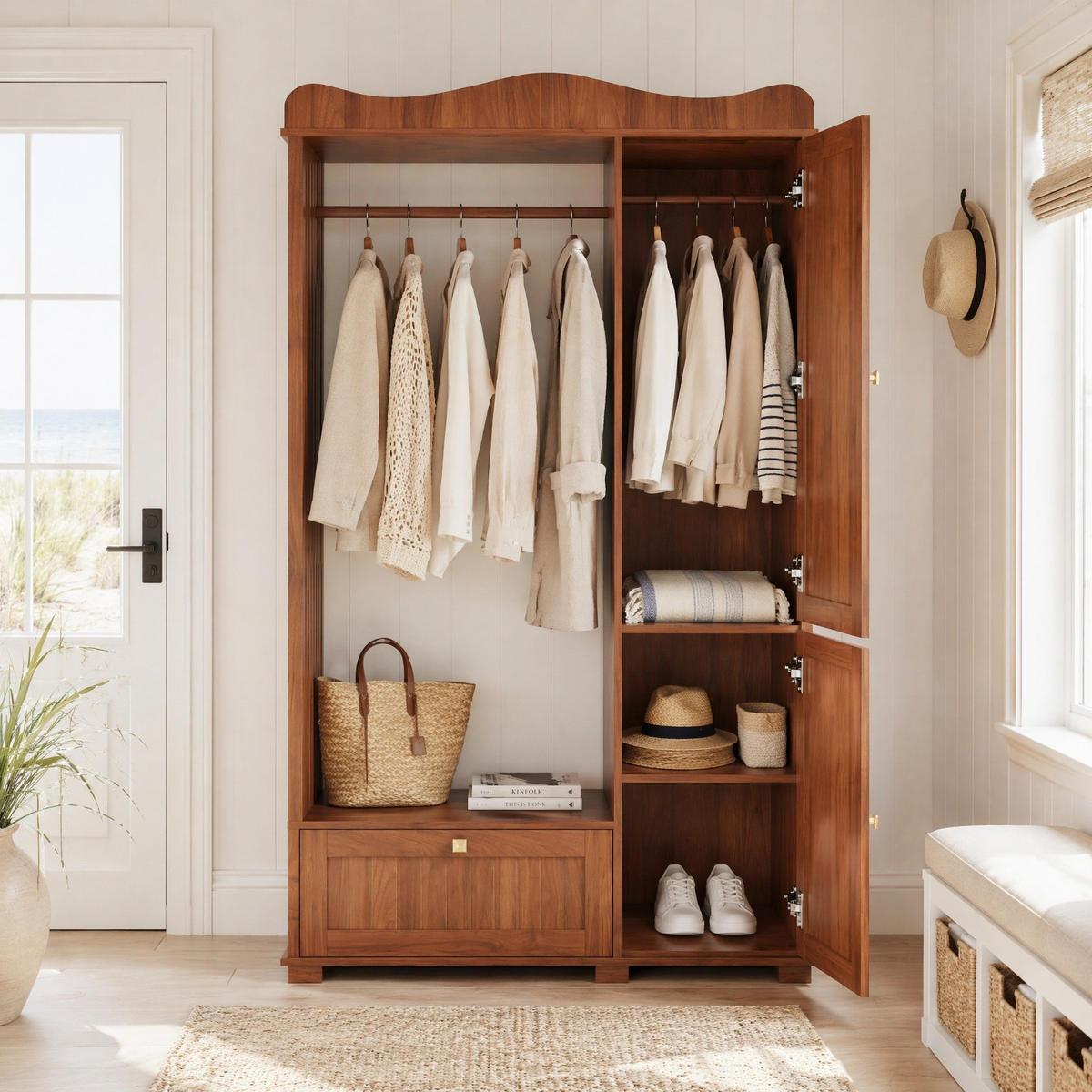IN Nussbaumfarben Kleiderschrank mit Spiegel und offenem Kleiderständer, Schublade und 2 Türen, B115.5/T38.5/H194.5cm - Nussbaumfarben, Glas/Holzwerkstoff (115.5/194.5/38.5cm) - STILVORA