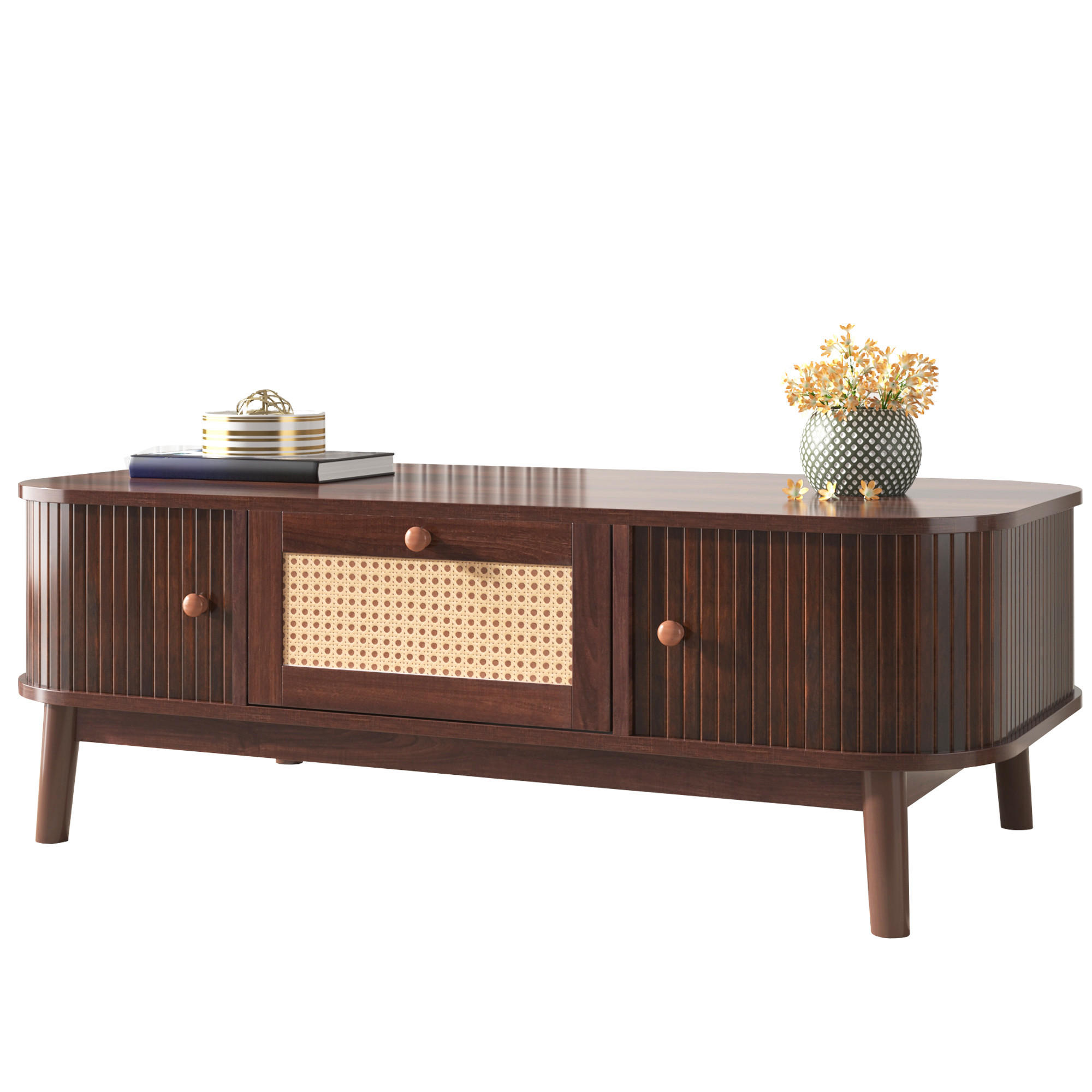 COUCHTISCH in Walnussfarben mit Schubladen und Schiebetüren für Wohnzimmer, B110/T55/H38,5 cm - Walnussfarben, Holzwerkstoff (55/110/38.5cm) - STILVORA