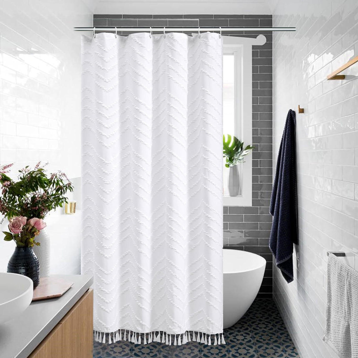 DUSCHVORHANG Weiß Boho klein Fischgrätmuster Farmhouse minimalistisch fürs Badezimmer - Weiß, Textil (90/180cm) - MCBOSON