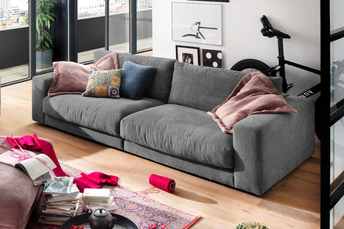 SOFA 3-SITZER MADELINE Grau Cord - Schwarz/Grau, Textil (290/85/127cm) - KAWOLA