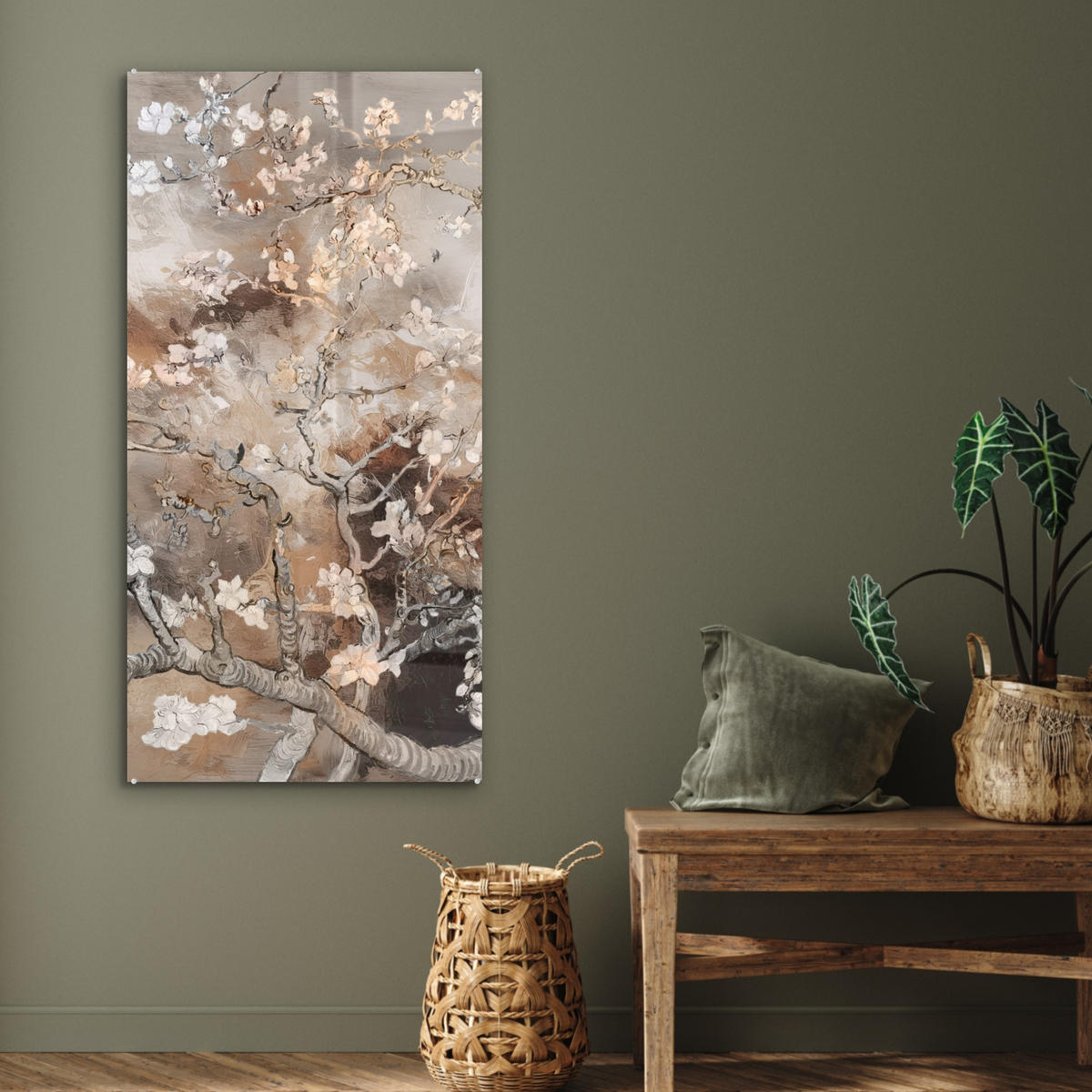 ACRYLGLASBILD Mandelblüte - Kunst - Van Gogh - Beige - Abstrakt 60x120 cm - Braun, Glas (60/120cm) - MuchoWow