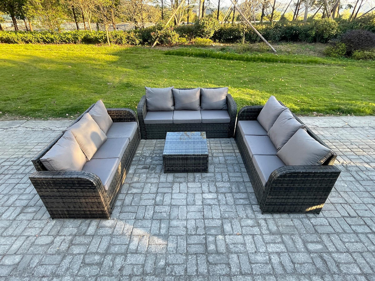 GARTENMÖBELGARNITUR mit KISSEN Polyrattan Dunkelgrau 9-Sitzer - Dunkelgrau/Grau, Glas/Kunststoff - Fimous
