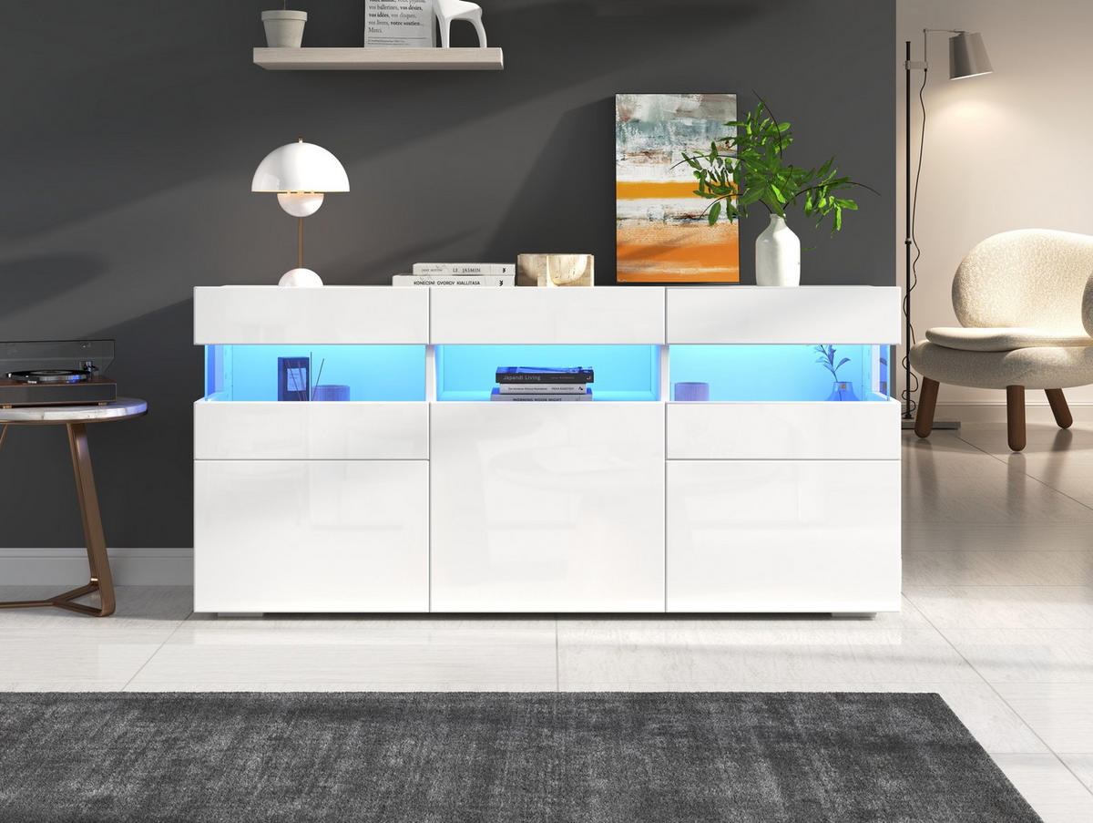 SIDEBOARD, 140/40,5/66,5 cm, bílá z dřevotřísky, LED osvětlení ovládané aplikací - bílá, kompozitní dřevo (140/66.5/40.5cm) - Modenvie