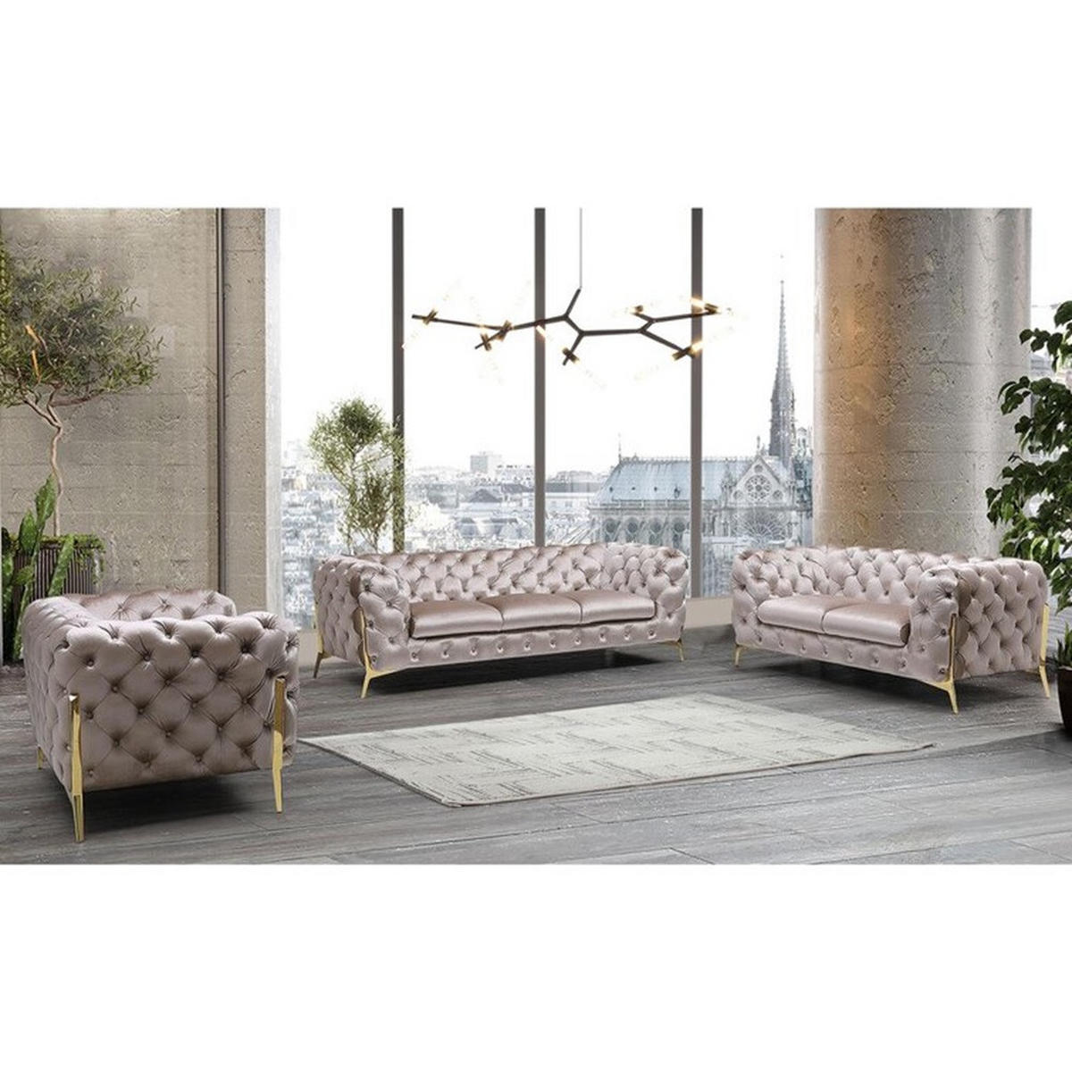 SITZGARNITUR 3+2+1 Chesterfield Lexi Dunkle Creme Samt - Goldfarben/Creme, Holz/Textil (243/75/100cm) - S-Style Möbel