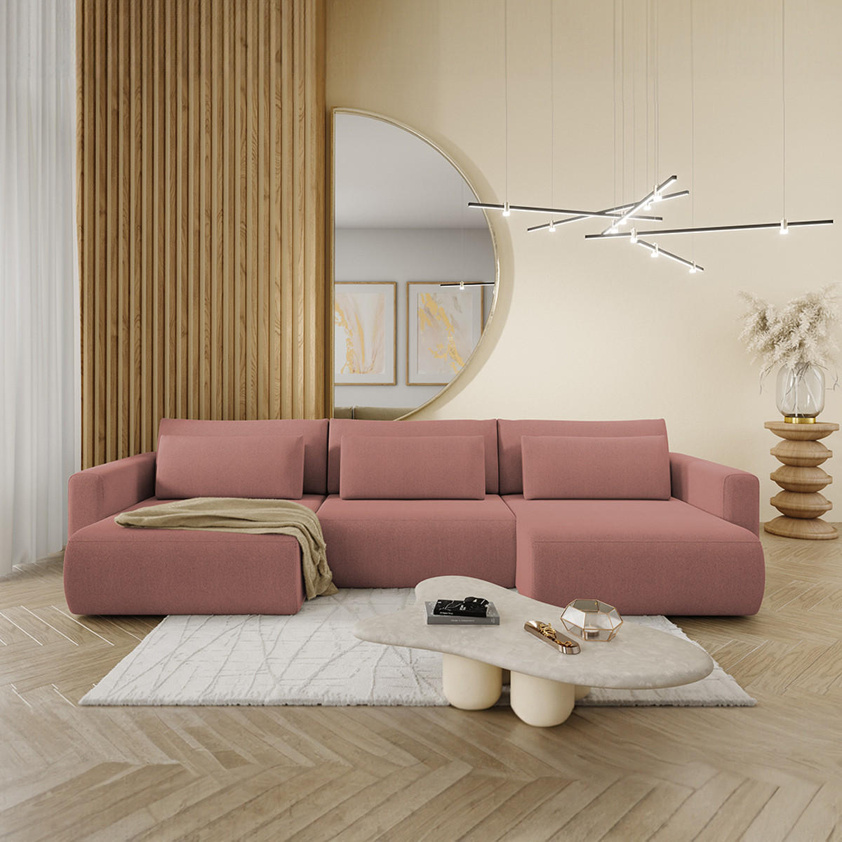 PANORAMASOFA Evy 4 Sitzplätze Rose - Pink, Holz (340/82/149cm) - Petits-meubles