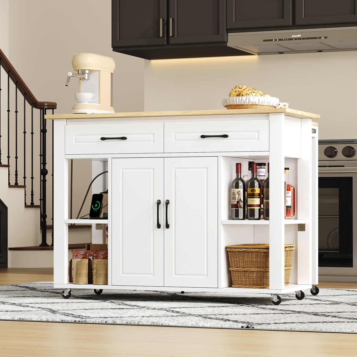 KÜCHENINSEL 120x77x93cm Weiß MDF/Laminat mit Steckdose & Schubladen - Weiß, Holzwerkstoff (120/93/77cm) - Modfu