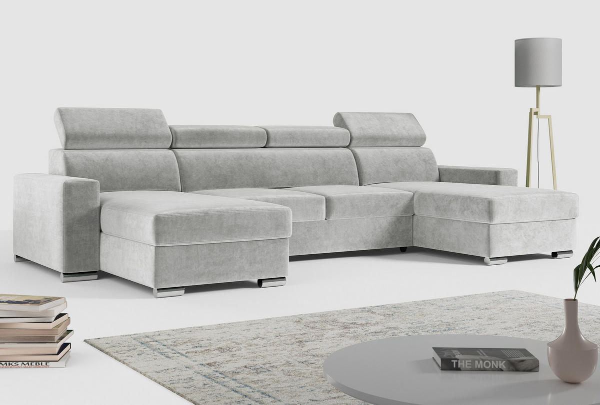 WOHNLANDSCHAFT FOX U Grau - Velvet - Silberfarben/Grau, Kunststoff/Textil (306/98/168cm) - MKS