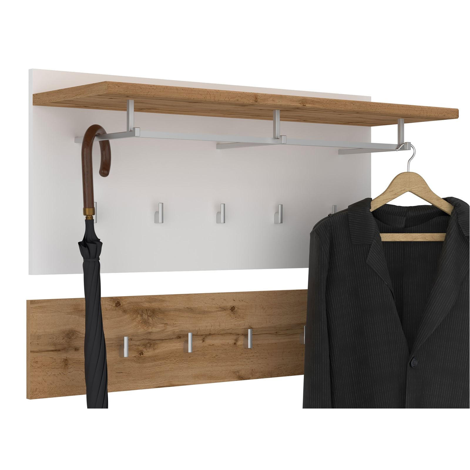Thumbnail - CARO-Möbel Wandgarderobe, Eiche Wotan, Weiß, Holzwerkstoff, Mode, 90x60x30 cm, Garderobe, Garderobenleisten & Garderoben...