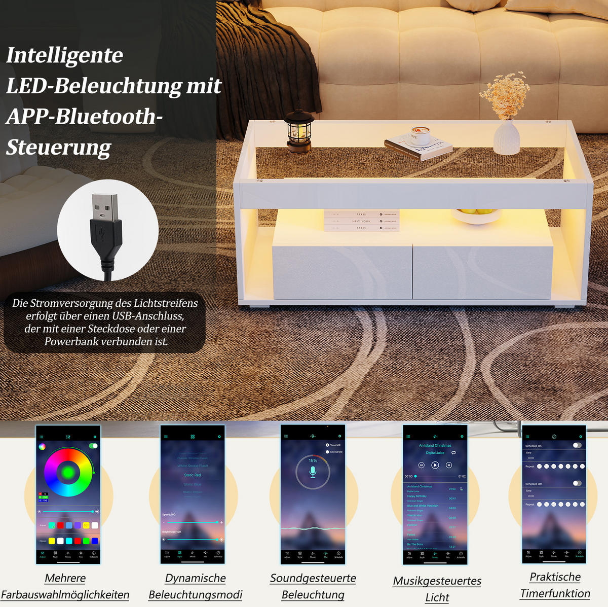 COUCHTISCH aus Spanplatte und Glas 100x50x40 cm Weiß mit LED-Beleuchtung und 2 Schubladen - Weiß, Holzwerkstoff (100/50/40cm) - IVMEU