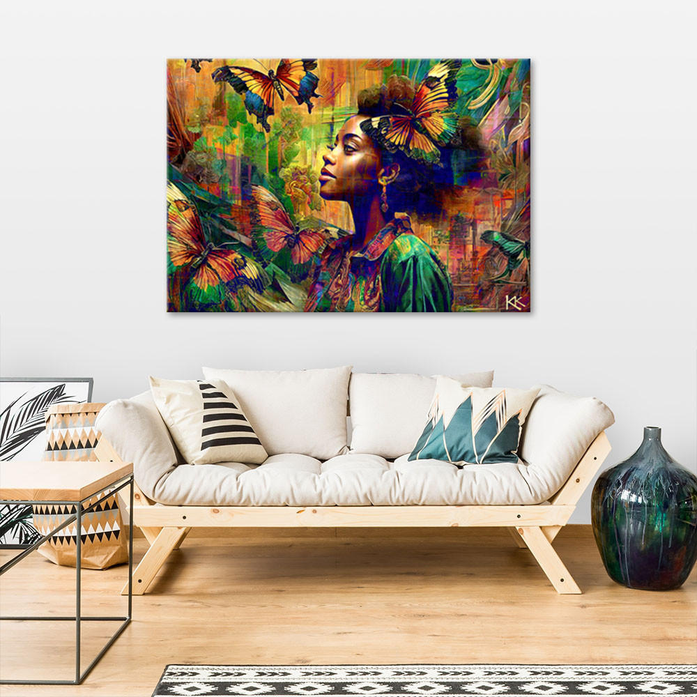 LEINWANDBILD Frau Schmetterlinge Abstraktion 120x80cm - Lila, Textil (120/80cm) - Feeby