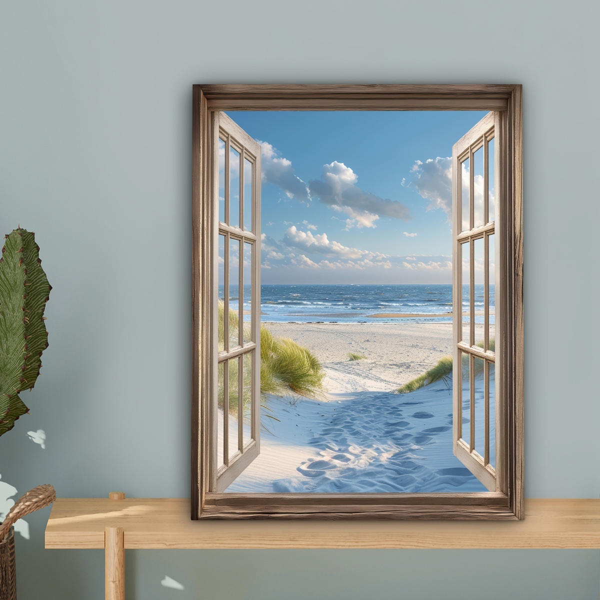 LEINWANDBILD Aussicht - Strand - Fenster - Dünen - Meer 30x40 cm - Hellblau, Textil (30/40cm) - MuchoWow