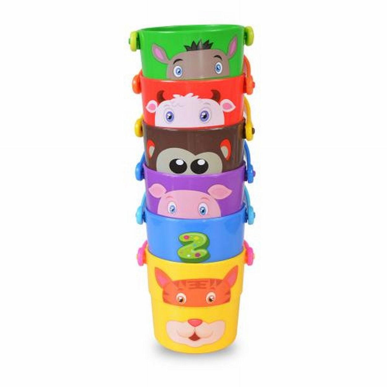 SANDSPIELZEUG K999-219B rot 6 bunte Eimer, Wasser und Sand, Kunststoff, ab 12 Monaten, Strandspiel - Rot, Kunststoff (7/7/23cm) - Moni