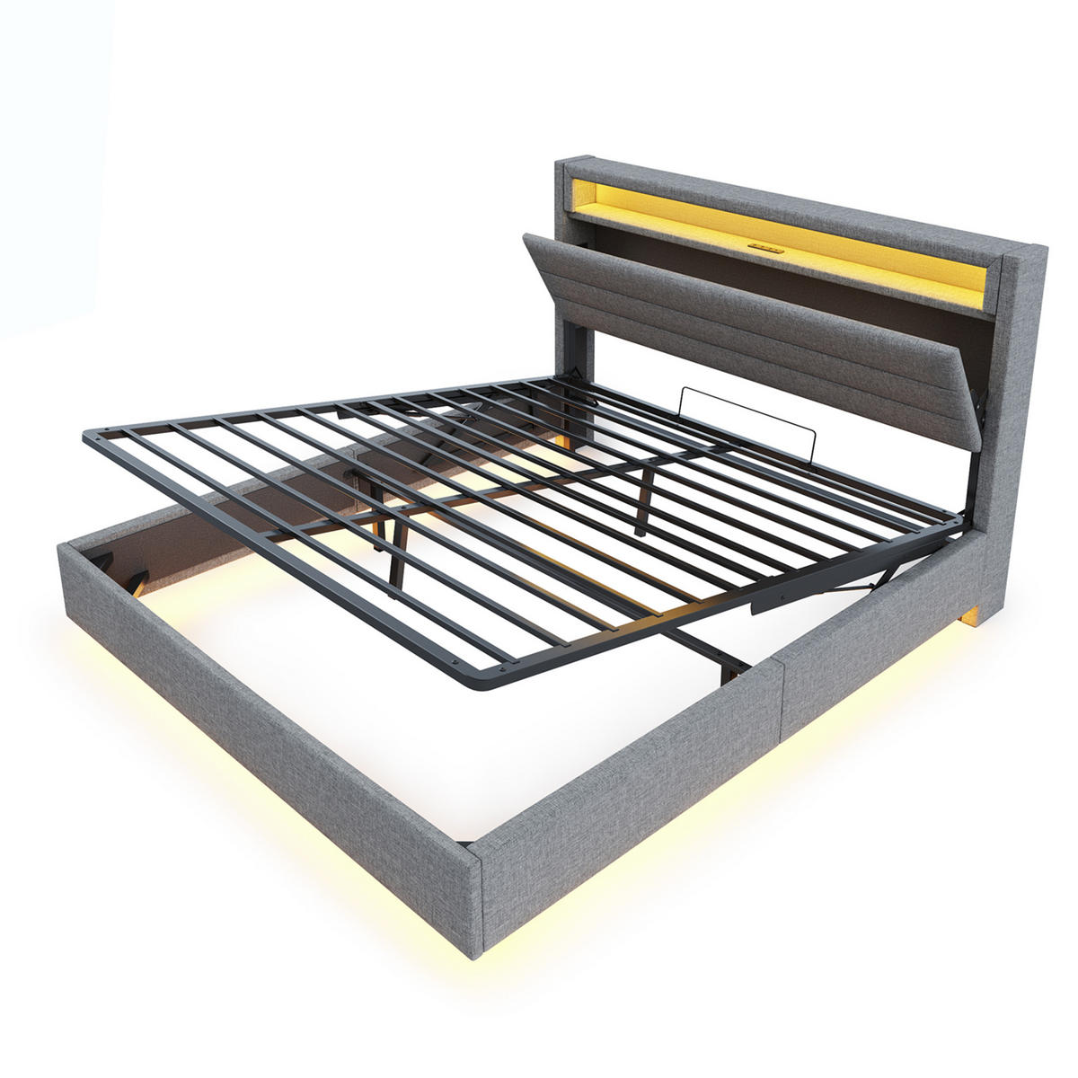 POLSTERBETT 160/200 cm mit Stauraum und LED-Beleuchtung aus Leinen grau - Grau, Textil (160/200cm) - OKWISH