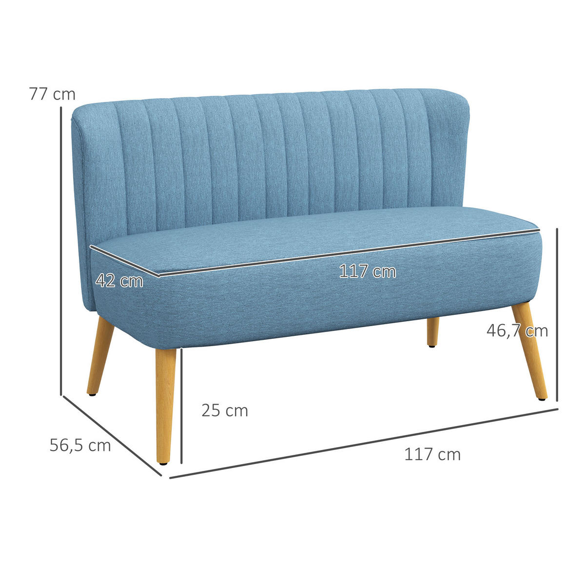 SOFA 2-Sitzer Couch Stoffsofa Sitzmöbel Polstersofa Loungesofa breit Blau - Blau/Naturfarben, Holz/Textil (56.5/77/117cm) - HOMCOM