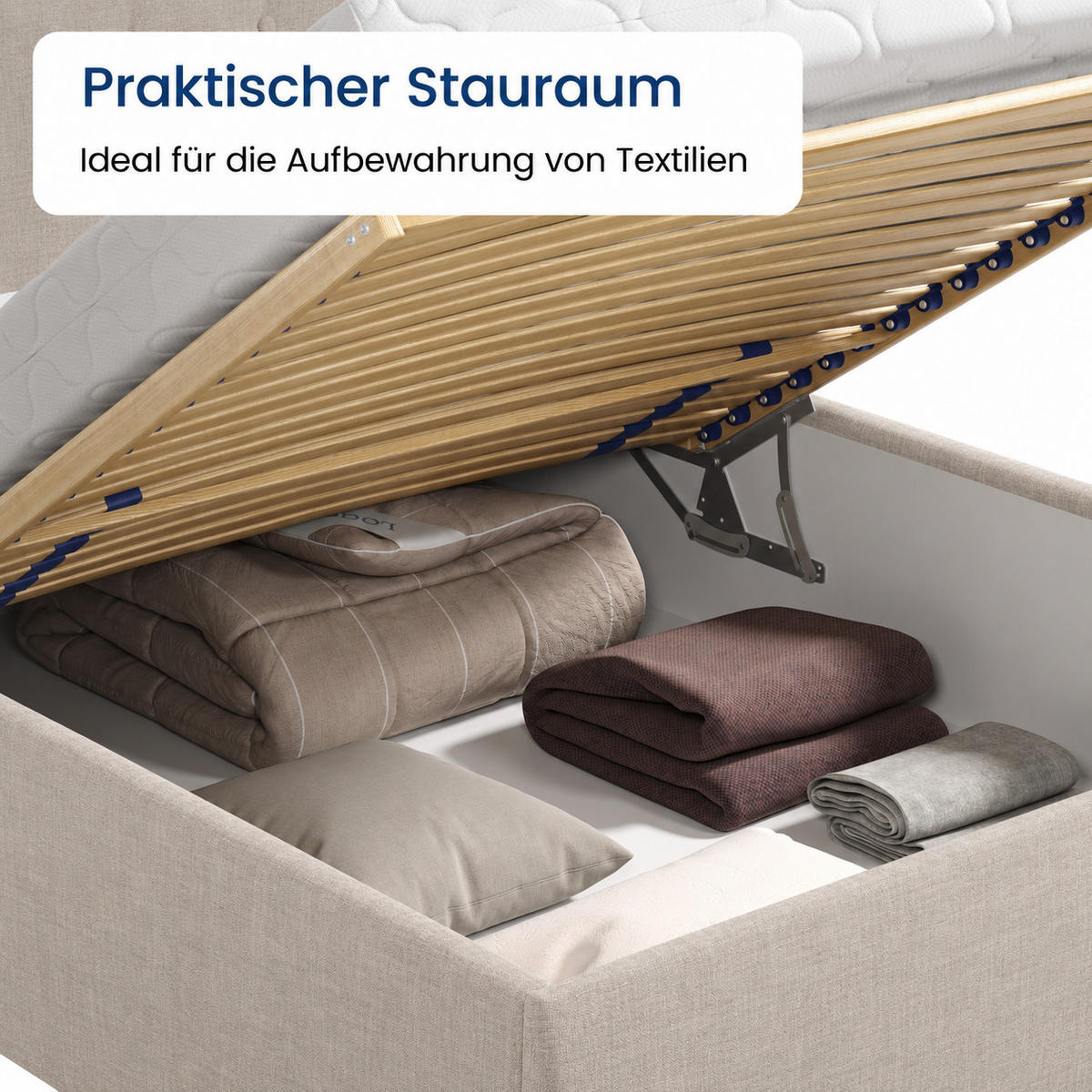 POLSTERBETT mit verstellbarem Lattenrost & Bettkasten, Kaltschaummatratze, 160 x 200 cm in Creme - Creme, Holzwerkstoff/Textil (160/200cm) - Home Collective