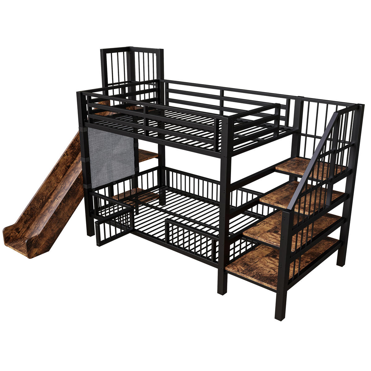 METALL- ETAGENBETT Kinder Schwarz 90/200 cm mit Rutsche und Stauraumtreppe - Schwarz, Metall (90/200cm) - ComfortXL