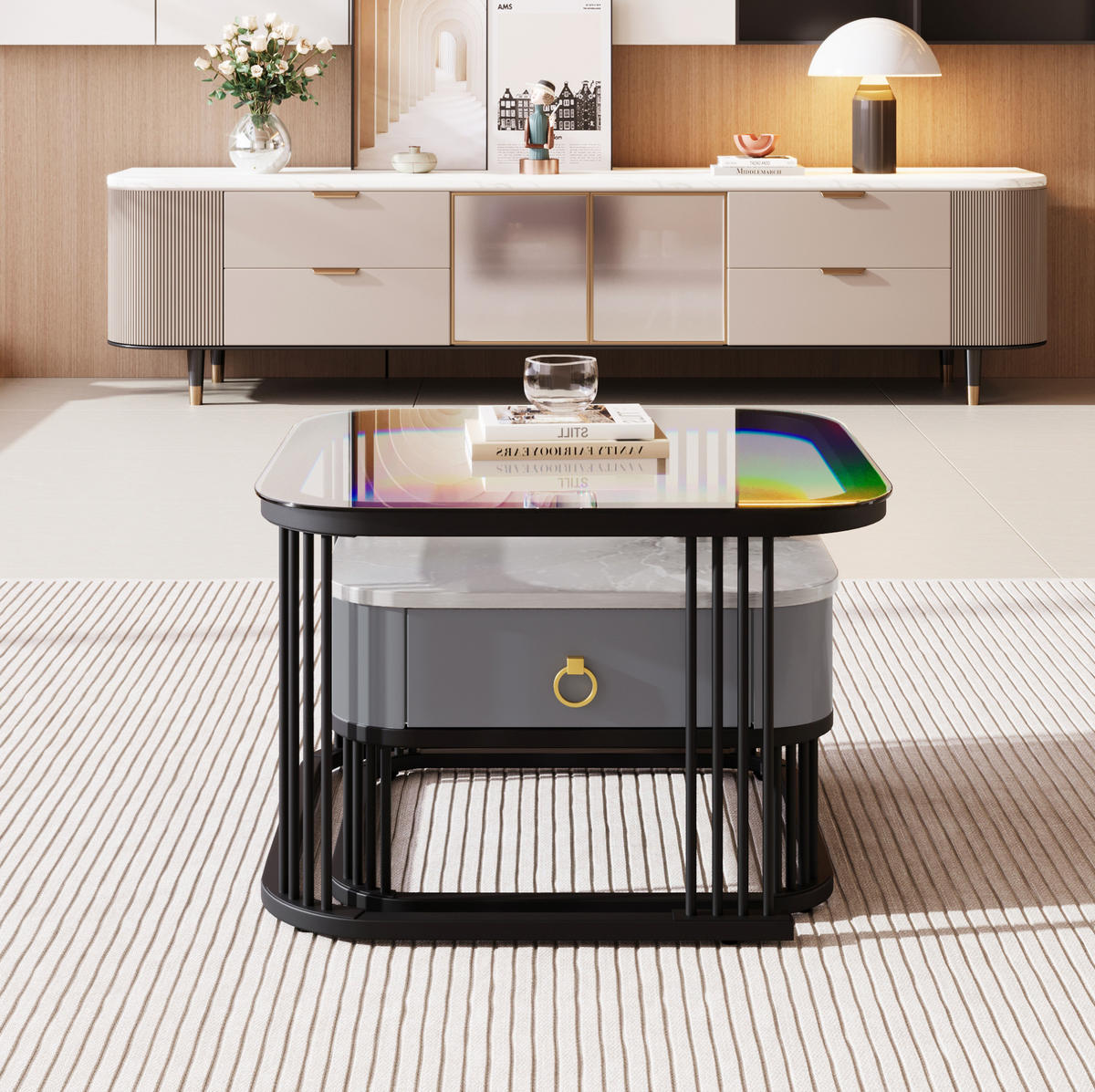KONFERENČNÍ stolek 60/60/44,5 cm černý a šedý z MDF s vnořeným designem a zásuvkami - černá, kompozitní dřevo (60/60/45cm) - OKWISH