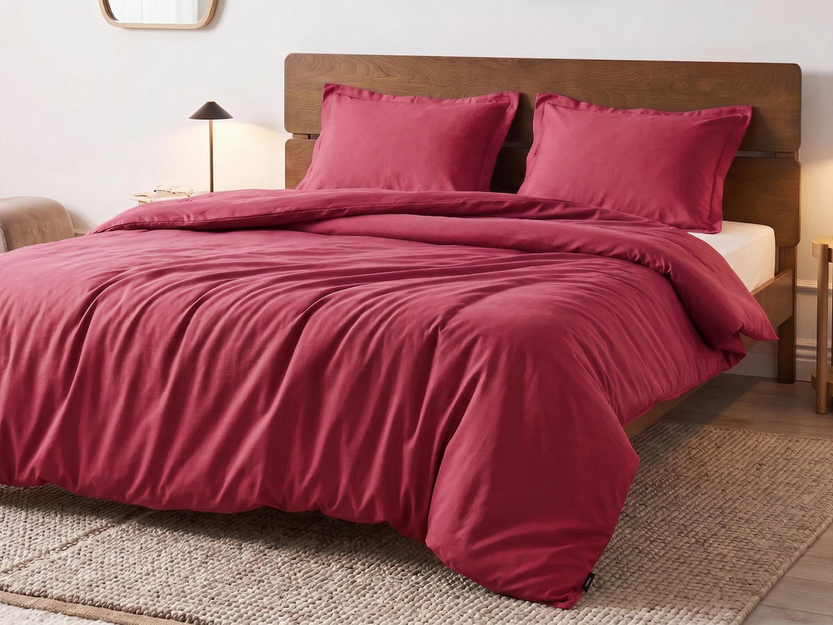 BETTWÄSCHE-SET 200/200 cm Baumwollsatin Burgunderrot Parkrose - Dunkelrot, Textil (200/200cm) - Beliani