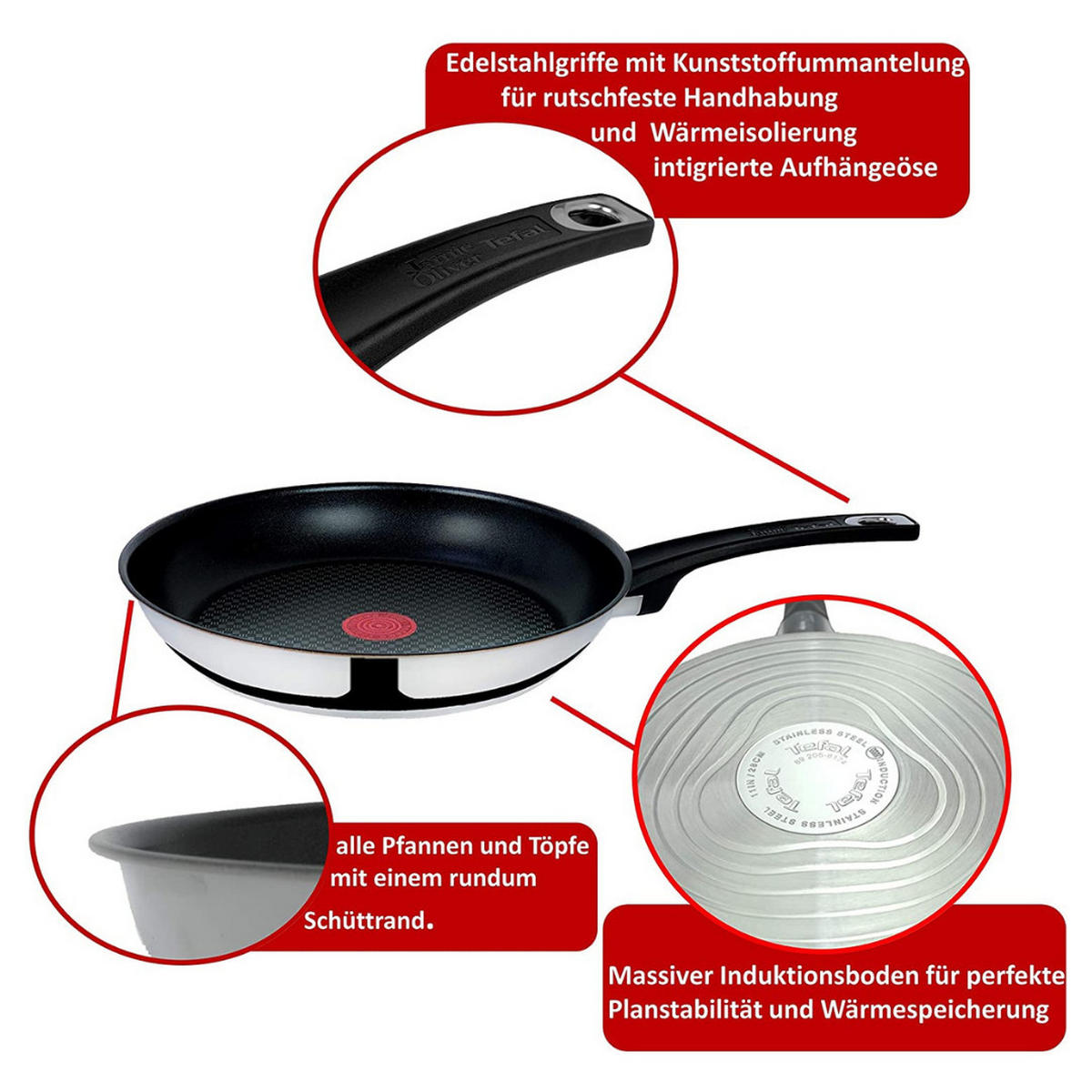 PFANNENSET Jamie Oliver 4-tlg 20 + 26 cm Edelstahl Antihaft Induktion - Silberfarben/Schwarz, Metall - Tefal