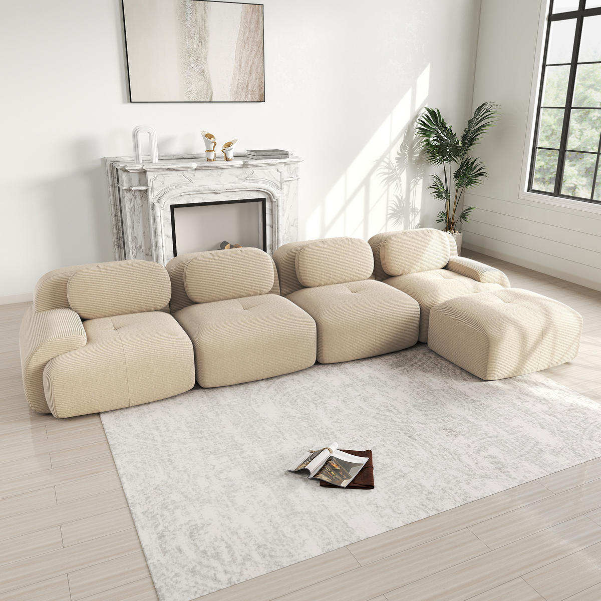 ECKSOFA 388/178/70 cm Beige Cord mit extra-breiten Armlehnen, Rahmenloses - Beige, Textil (388/178cm) - Oxeza