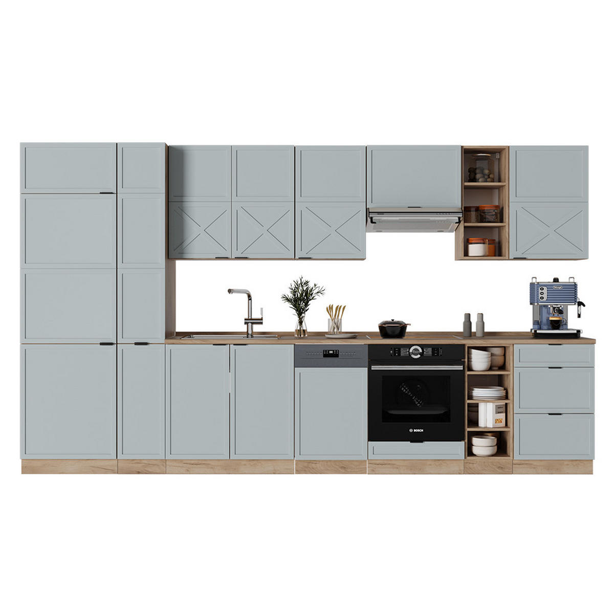 KÜCHENZEILE Fame-Line Hellblau-grau/Goldkraft Eiche 355 cm ohne AP - Honigeiche/Hellblau, Holzwerkstoff (355/81.6/46cm) - Vicco