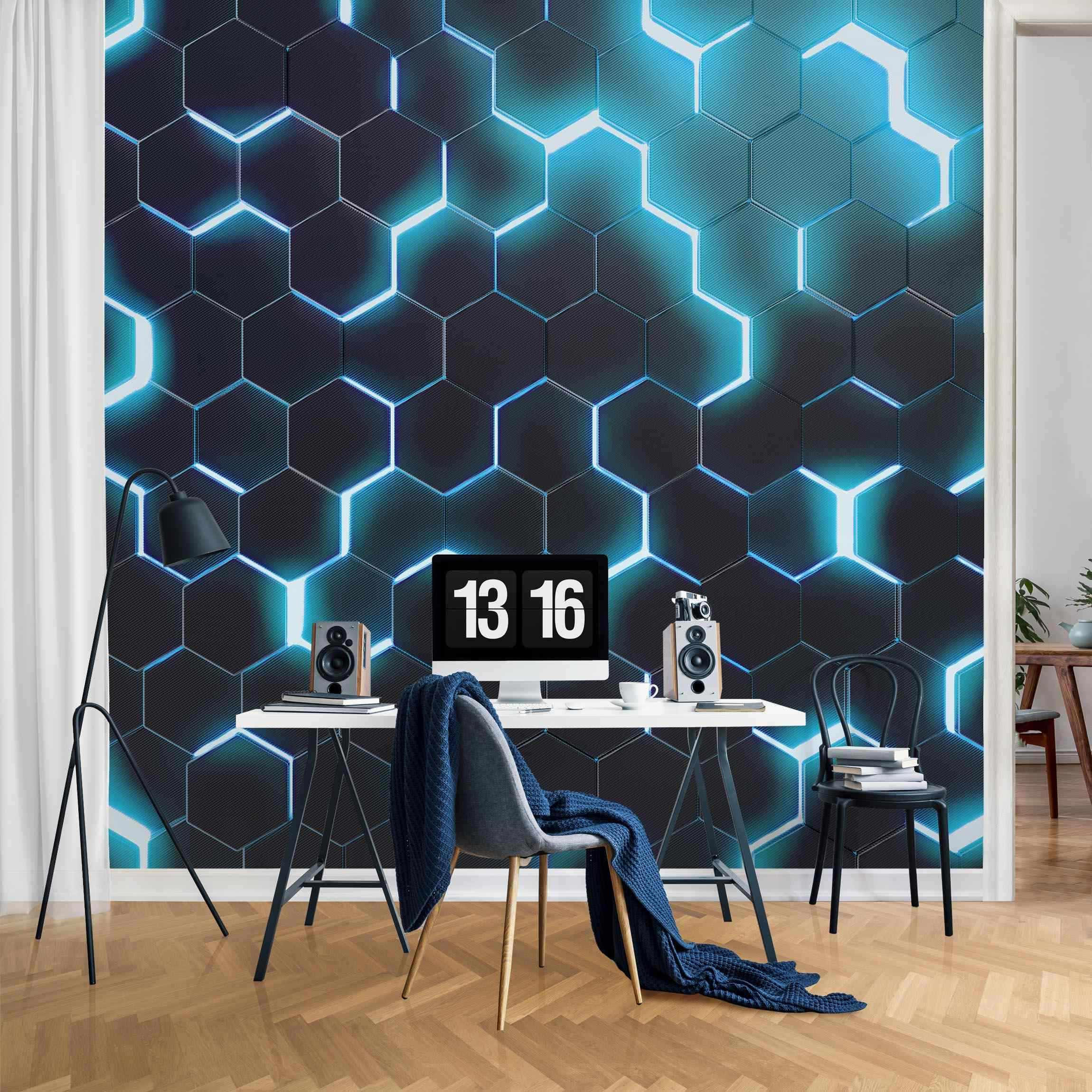 FOTOTAPETE Strukturierte Hexagone mit Neonlicht in Türkis 192/192 cm - Schwarz, Papier (192/192cm) - Bilderwelten