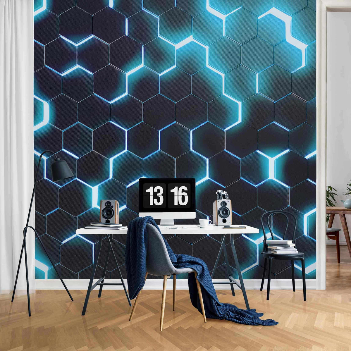 FOTOTAPETE Strukturierte Hexagone mit Neonlicht in Türkis 240/240 cm - Schwarz, Papier (240/240cm) - Bilderwelten