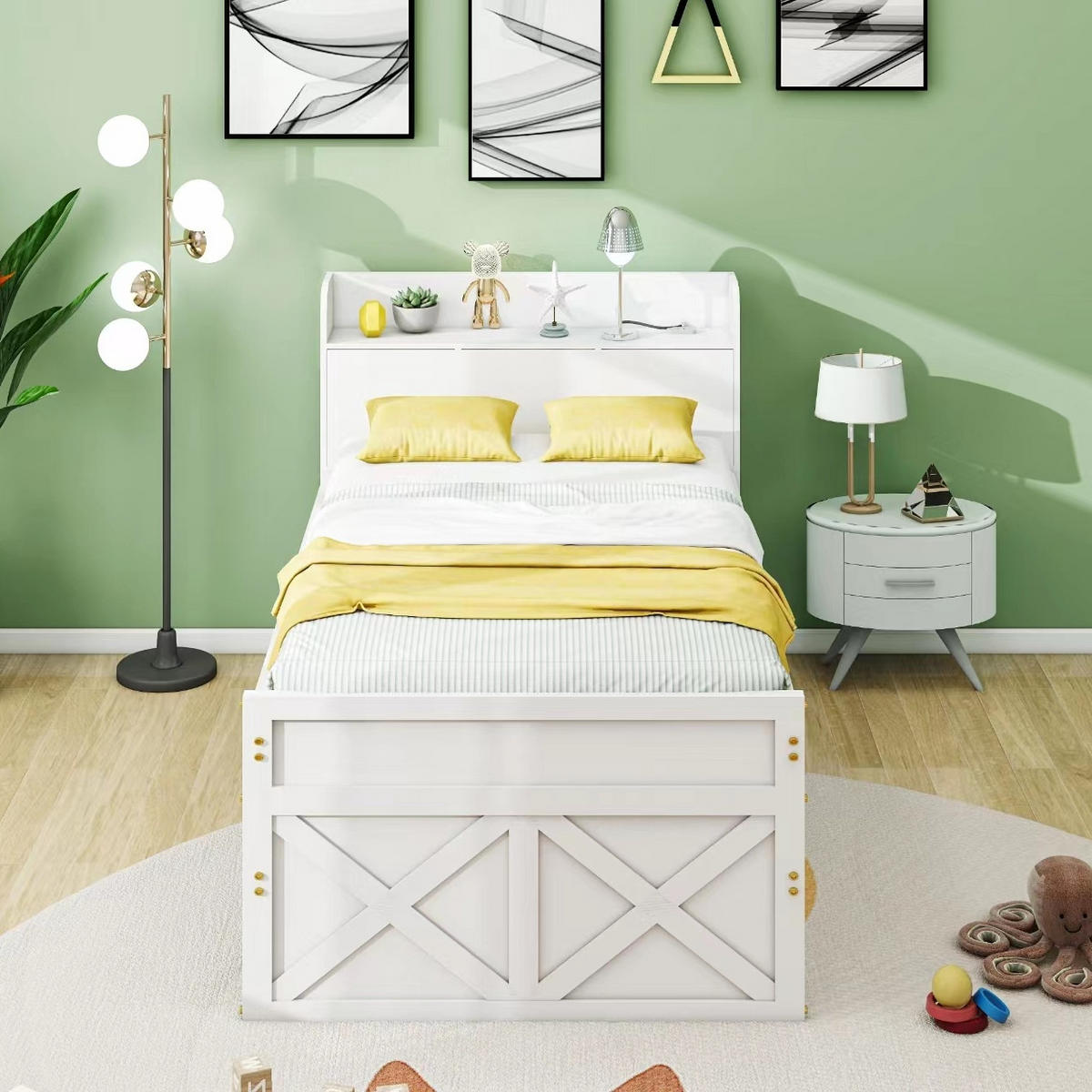 EINZELBETT aus Massivholz 90x190 cm Weiß mit Ausziehbett, Schubladen, Nachttisch und USB-Anschluss - Weiß, Holzwerkstoff (90/200cm) - IVMEU