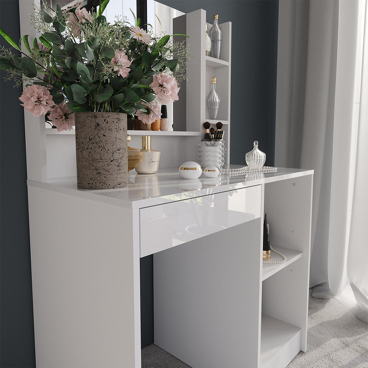 SCHMINKTISCH Sherry Weiß/Weiß Hochglanz 89.8 cm 3 Teile - Weiß Hochglanz, Holzwerkstoff (89.8/76/50.1cm) - Vicco
