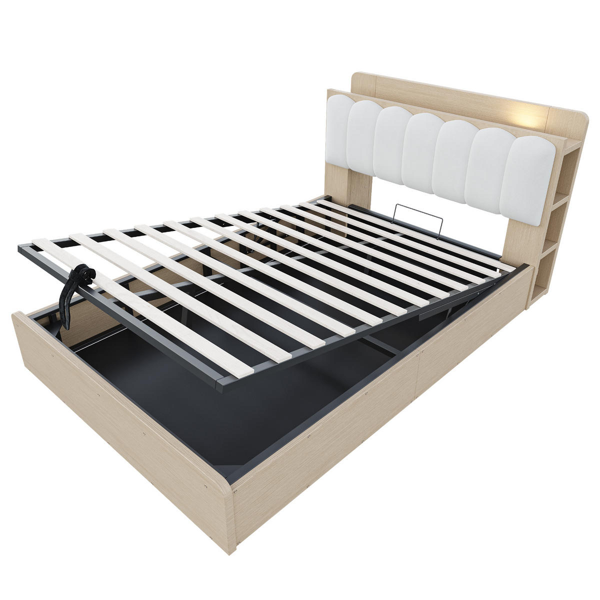 BETT 140/200 cm in Naturfarben mit Bettkasten, USB und Ablage Holz Design - Weiß/Naturfarben, Holzwerkstoff/Textil (140/200cm) - STILVORA