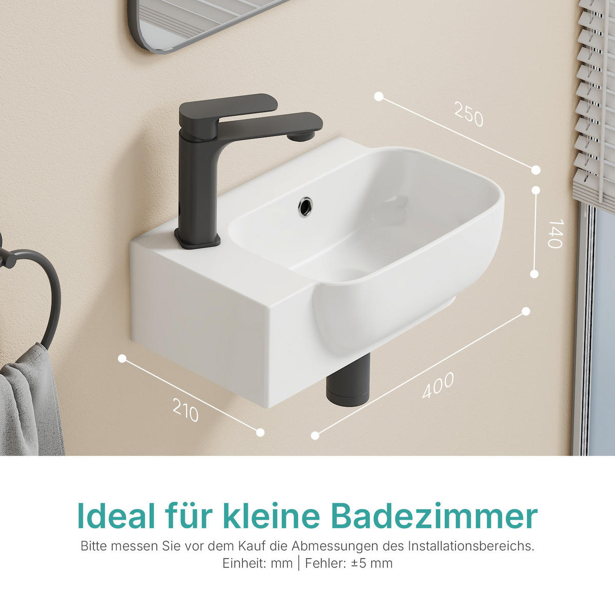 HANDWASCHBECKEN Links-Wasserhahnloch 40 / 25 / 14 cm - Weiß, Keramik (25/14/40cm) - EMKE