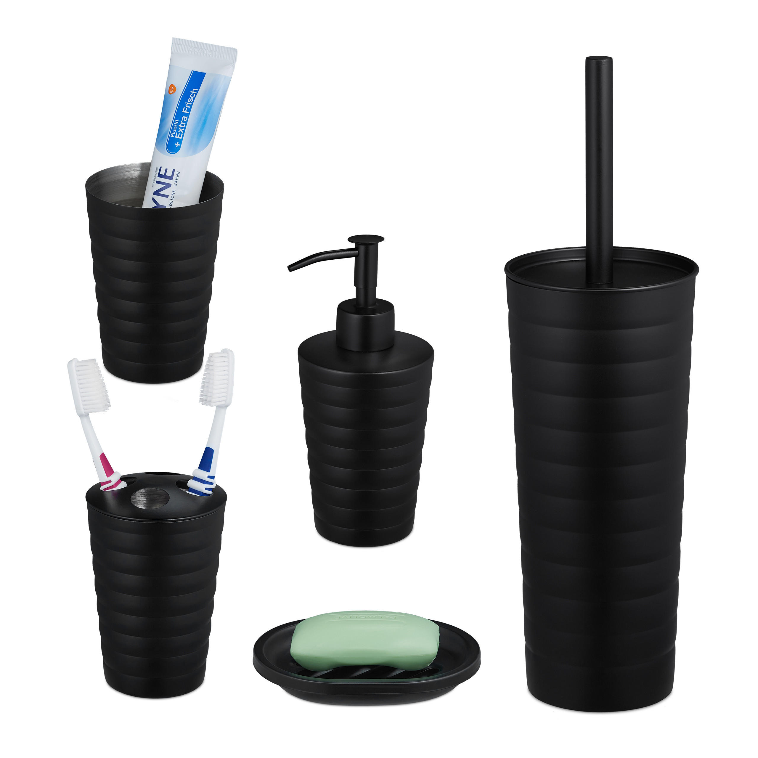 5-TLG.BADEZIMMER-SET - Schwarz, Metall (11/37/11cm) - Relaxdays