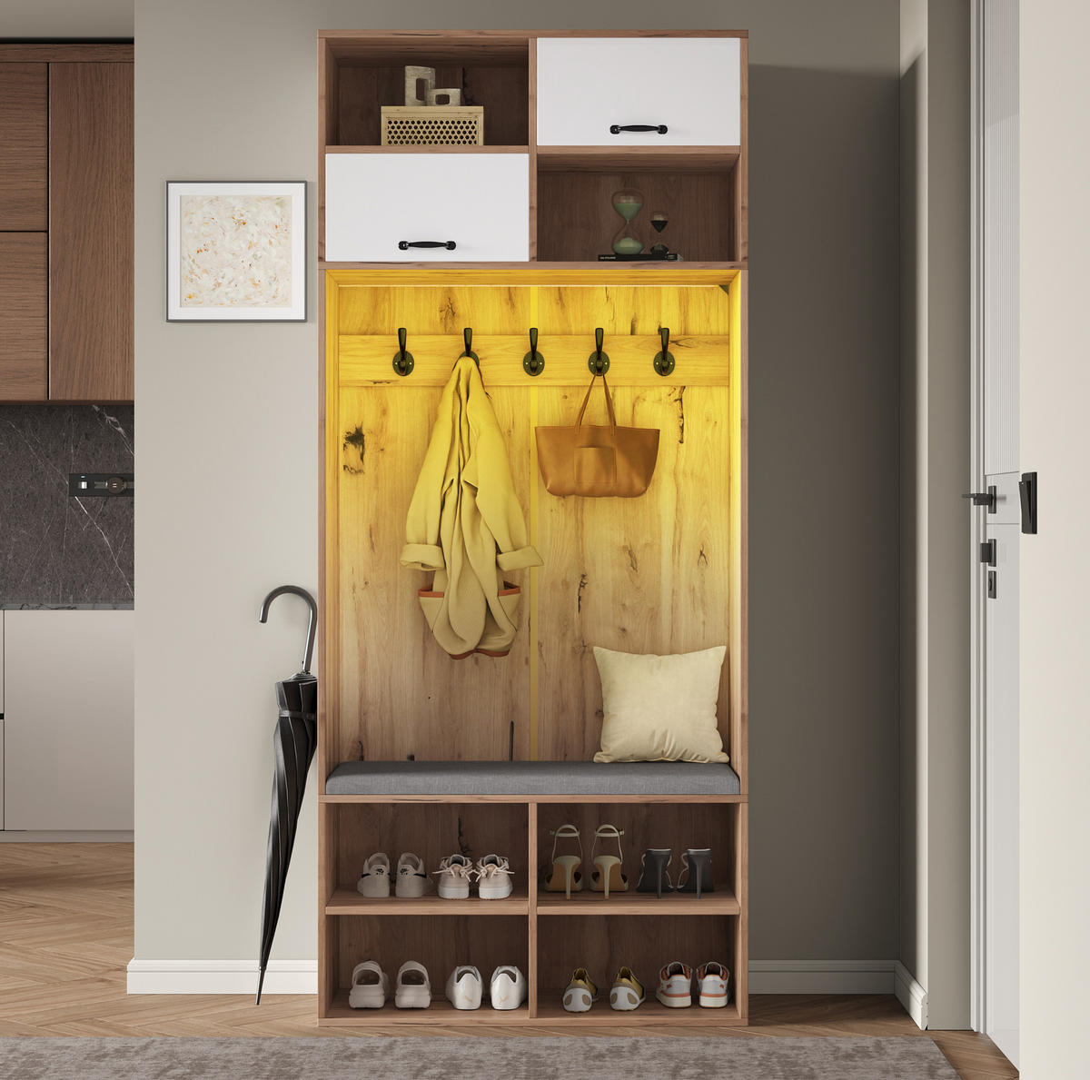 GARDEROBE vielseitig mit Schubladen und Türen, 80/35/185 cm, Weiß und Naturfarben - Naturfarben, Holzwerkstoff (80/185/35cm) - Redom