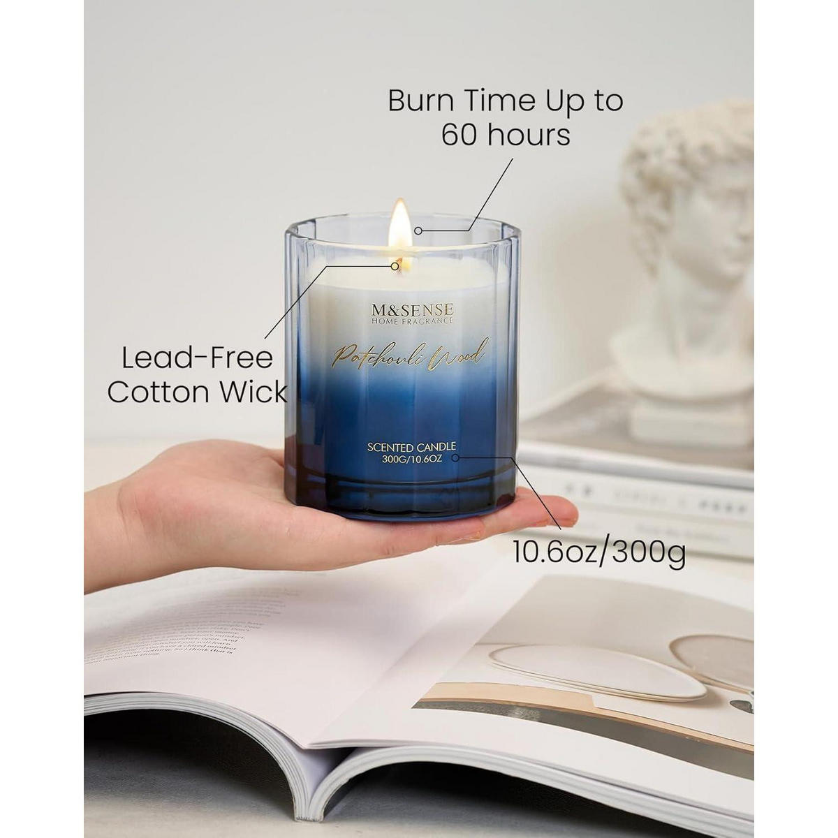DUFTKERZE Patchouli Holz 300g 60 Stunden Brenndauer - Blau, Paraffin (10cm)