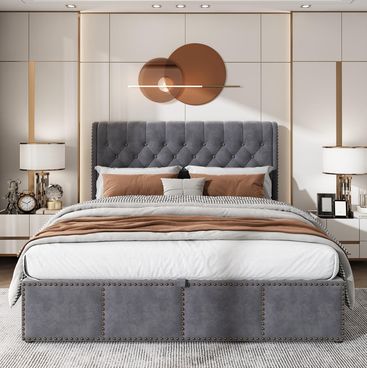 SAMT-POLSTERBETT 140/190 cm mit Bettkasten und gepolstertem Kopfteil in Grau - Grau, Textil (140/200cm) - BEAOK