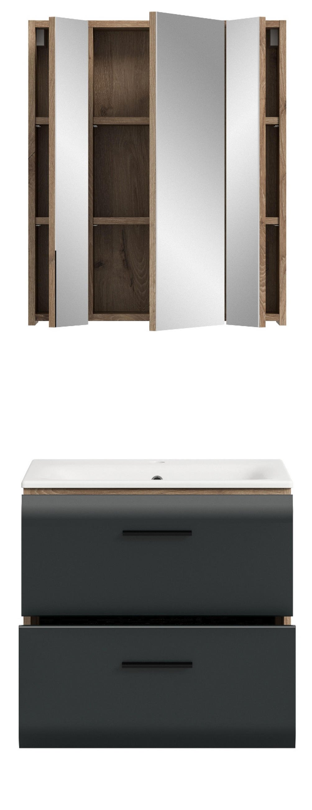 BADMÖBEL Set 2-teilig in schwarz matt und Nox Eiche Badkombination 60 x 185 cm Cover - Eichefarben/Schwarz, Glas/Holz (60/185/46cm) - Inn.Furn