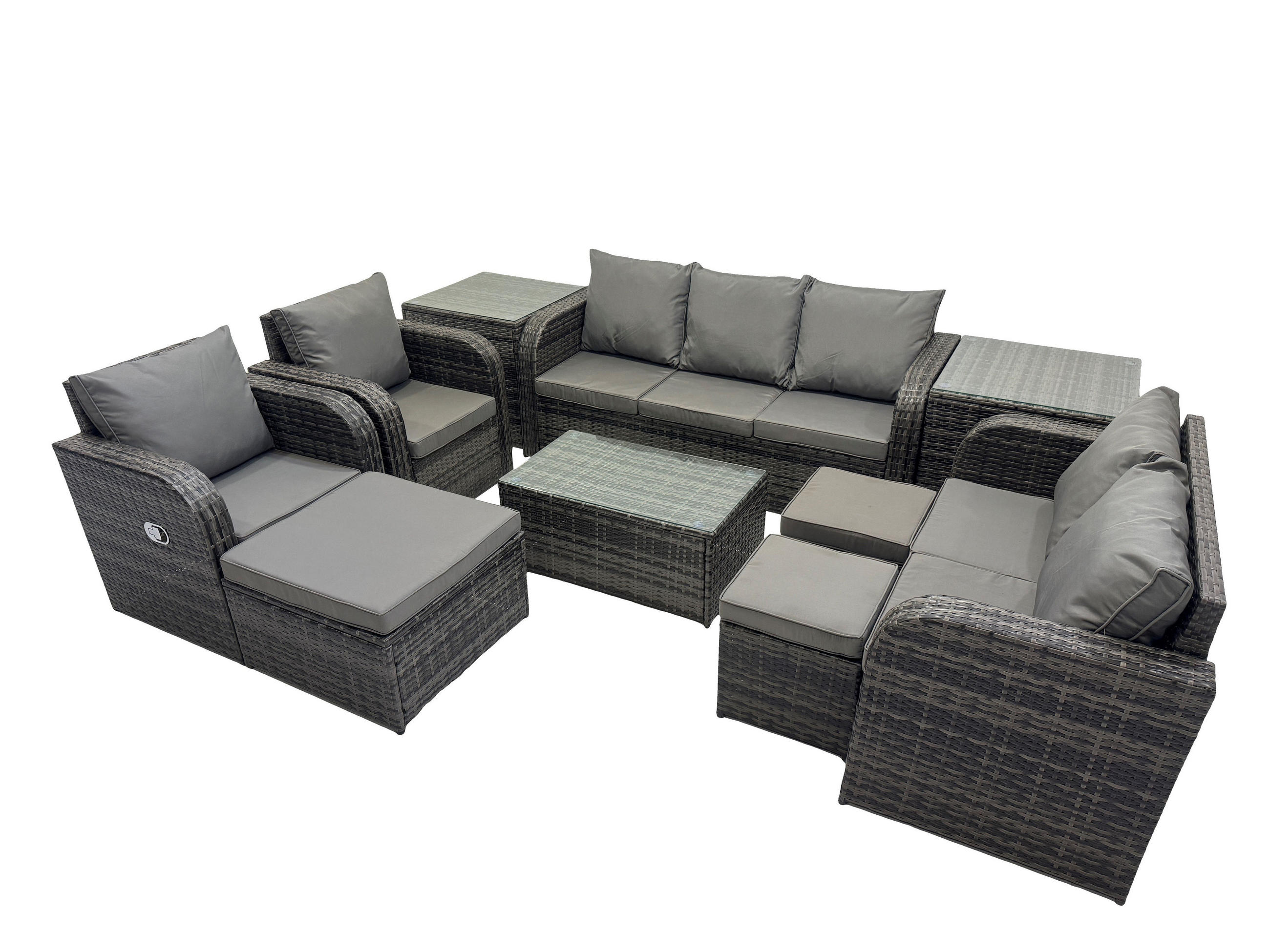 GARTENMÖBELSET mit Couchtisch Polyrattan 10-Sitzer - Dunkelgrau/Grau, Glas/Kunststoff - Fimous