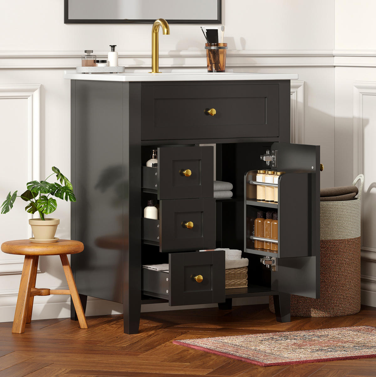 WASCHTISCHUNTERSCHRANK aus MDF und Keramik 61x47x86 cm Schwarz mit Stauraum, Soft-Close und Keramikwaschbecken - Schwarz, Keramik (61/86/47cm) - Modfu