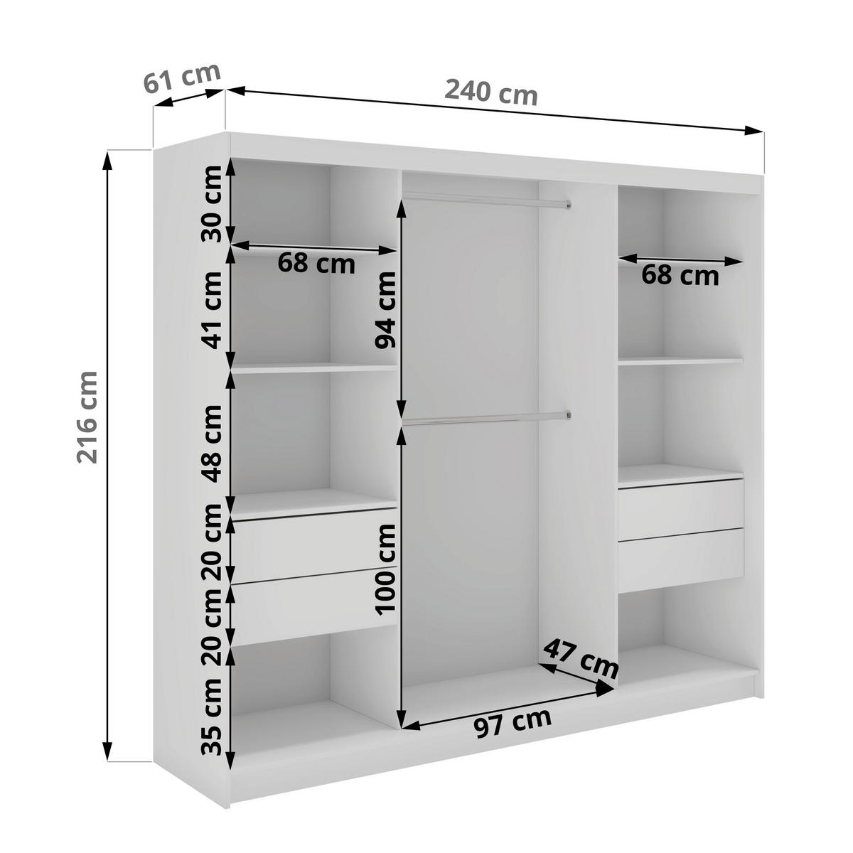 SCHWEBETÜRENSCHRANK mit Spiegel und Schubladen - WALENCJA - 240 - Weiß lacobel - Alufarben/Weiß, Holzwerkstoff/Metall (240/216/61cm) - MKS