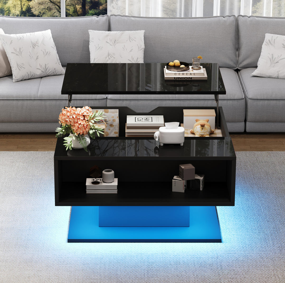 KONFERENČNÍ stolek 80/75/40 cm černý z dřevotřísky se zdvihací deskou a LED - černá, kompozitní dřevo (80/77/40cm) - OKWISH