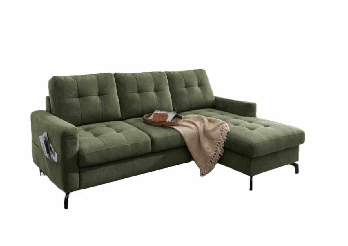 ECKSOFA mit Schlaffunktion und Bettkasten, Luxus-Mikrofaser - Dunkelgrün/Schwarz, Textil/Metall (150/230cm) - myHomelando
