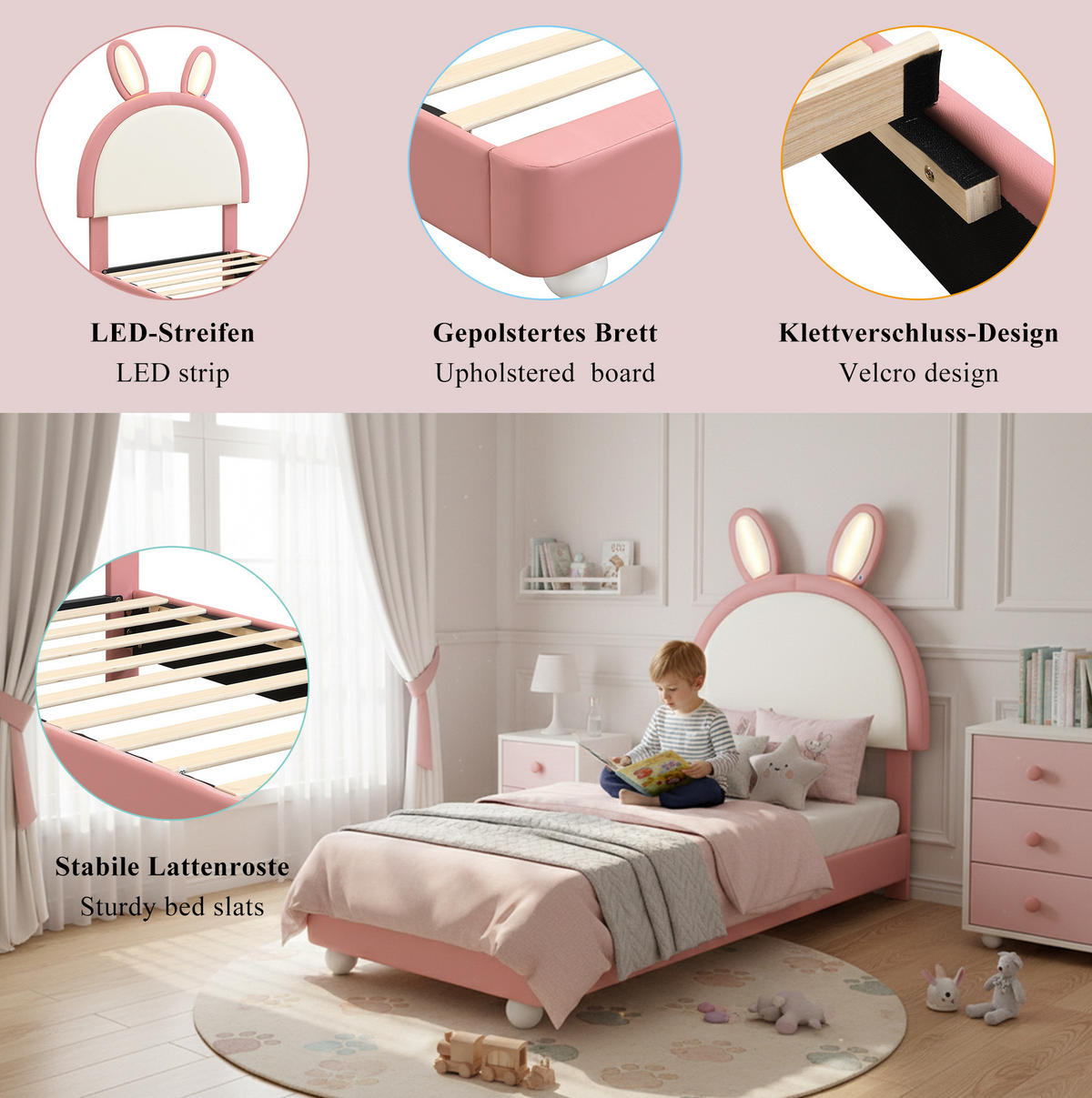 POLSTERBETT Hasenform 90/200 cm, Pink mit LED und Antikollisions-Schwammkante - Rosa, Kunststoff (90/200cm) - MIVRAY