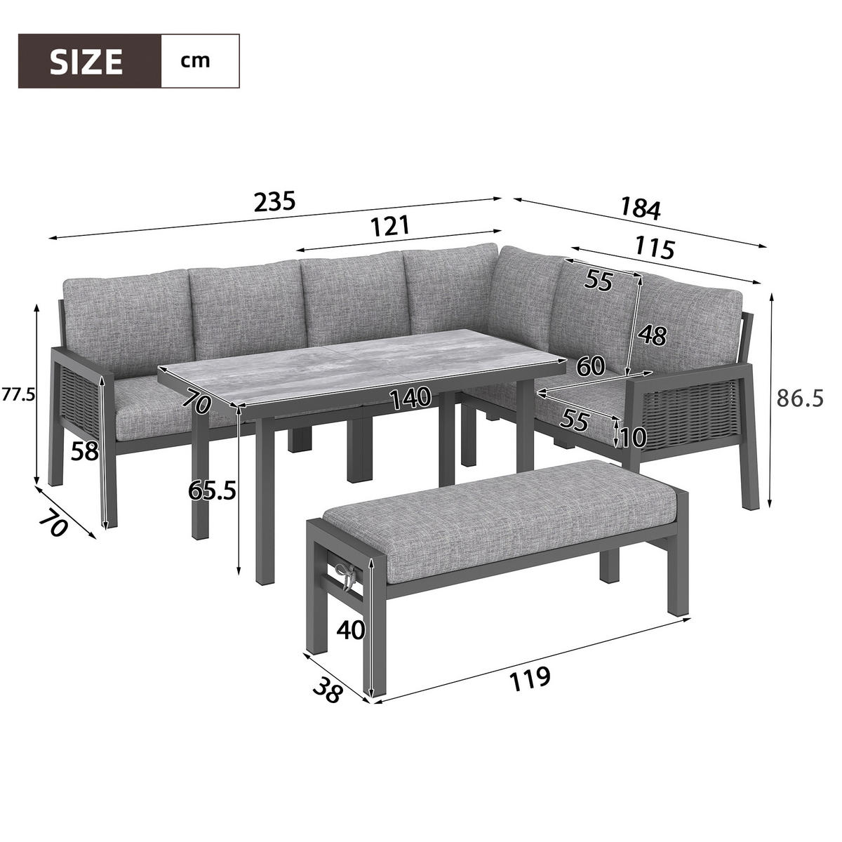 GARTEN-ESSGRUPPE 8 Personen Eckstellung Glastisch Grau - Grau, Textil - FLIEKS